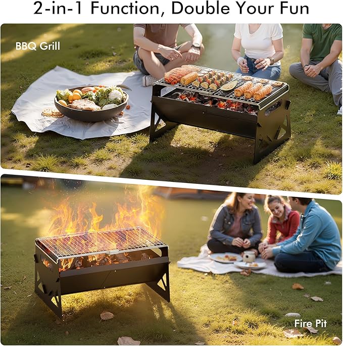 Raynesys Charcoal Grill, Folding Portable Grill, with Carry Bag, Camping Firepit for Outdoor Cooking, Campfire, Patio, Backyard, Backpacking, Party, 15.35 * 12.99 * 5.51 Inches