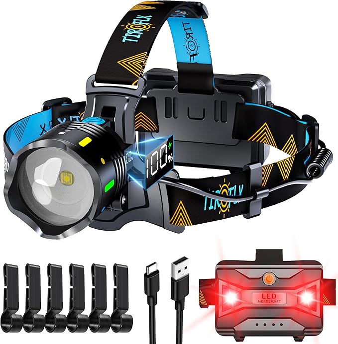 TIROFLX 12 Modes 210000 Lux Headlamp Motion Sensor Red Warning Zoomable Energy Saving, More Than 30Dys Standby Head Lamp, IP65 Waterproof and 125° Angle for Camping Outdoor Hardhat