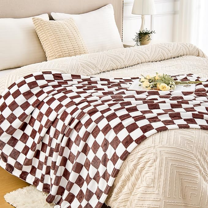 Edenleaf Brown Checkered Blanket, Ultra Soft Cozy Flannel - Checkered Grid Print Throws for Bed Sofa Couch, Luxury Throw Blanket for All Seasons, 50x60 Inch, Brown