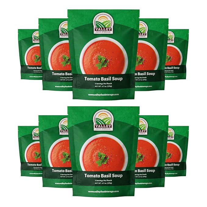 Valley Food Storage Tomato Basil Soup | 10-Bag Bucket, 50 Servings | Premium Emergency Food Supply with 25 Year Shelf Life | Survival Meal Kits, Prepper Food, Camping & Off-Grid Living Supplies | Packaged in USA