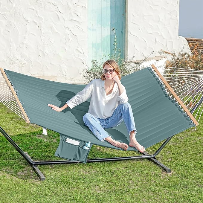 GAFETE 2 Person Hammock with Stand for Outside, Heavy Duty Steel Stand, Double 55inch Hammocks, Large Removable Pillow, Storage Bags, Max 475 lbs Capacity (Mist Green)