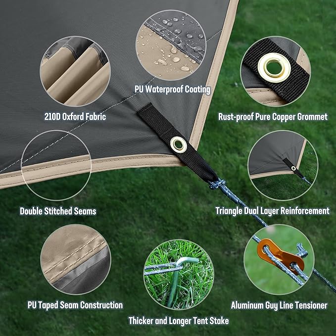 VILLEY Camping Tarps for Tents, Portable Waterproof Hammock Rain Fly, Easy Set Up Camping Shelter Sunshade Canopy for Outdoor Fishing, Backpacking, Hiking, Survival Gear- Heptagonal, Khaki