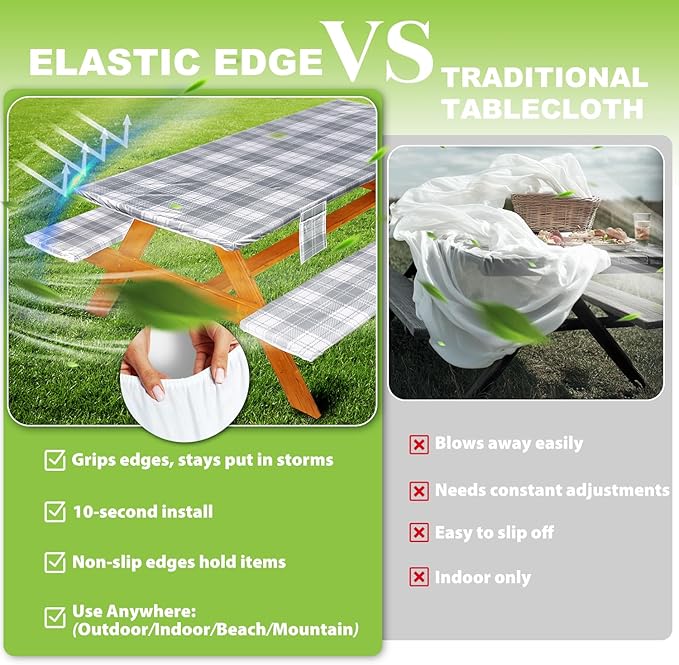 Fitted Picnic Table Cover with Bench Covers Waterproof Elastic Edges Rectangle Patio Tablecloth Outdoor Camping Essentials Stuff Rv Accessories Summer Trip Travel Camper Gifts for Woman Men, 96in 8 ft