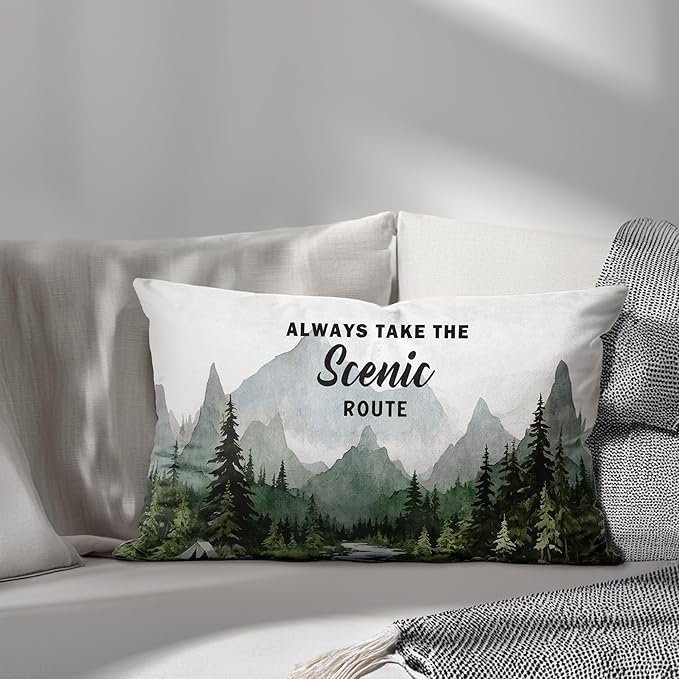 Camping Forest Mountain Pillow Cover 12x20, Take The Scenic Route Decorative Camping Pillow Case, Nature Camper RV Cushion Cover for Couch Sofa,Adventure Gifts for Camper Lovers