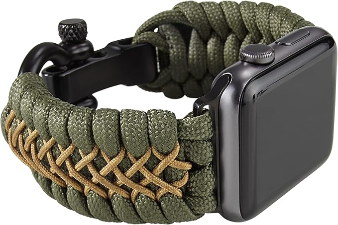 Savior Survival Gear Paracord Watch Band, Compatible with Apple Watch Band 49mm 46mm 45mm 44mm 42mm - iWatch Band Series Ultra 10 9 8 7 6 5 4 3 2 1 SE – Adjustable strap for men (Green - Khaki, Large)