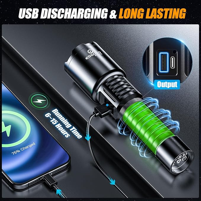 Esgofo Rechargeable Flashlights High Lumens 90,000 Long Range 3280FT, Super Bright Handheld Strong LED Flashlight Long Lasting 15H, Powerful Flash Light USB C, Zoomable 5 Modes, for Camping Hiking