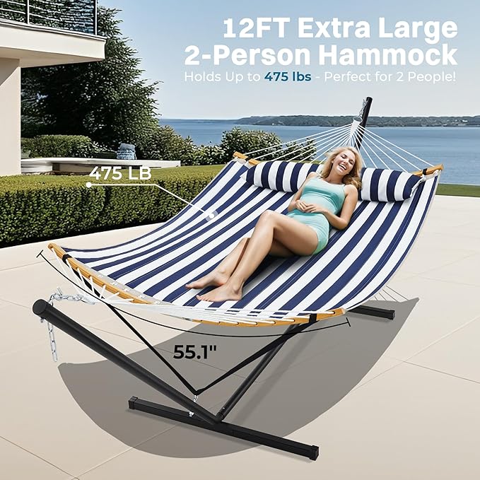 SUPERJARE Curved-Bar Hammock with Stand, 2 Person Heavy Duty Hammock Frame, Detachable Pillow & Portable Carrying Bag, Perfect for Outdoor & Indoor, Denim Blue with White Stripes
