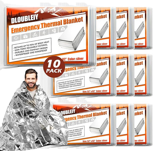 10-Pack Emergency Thermal Blankets, Heavy Duty Mylar Space Blanket with Ultimate Body Heat Retention for Camping Survival Kit, Car Emergency and Hiking, Waterproof & Windproof