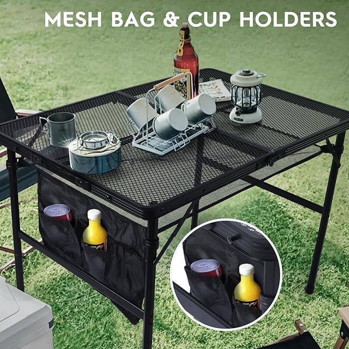 WildFinder 3x2 FT Folding Grill Table, Portable Camping Table for Outside, Adjustable Height Folding Table with Desktop & Mesh Bag, Lightweight Outdoor Table for Camping, Picnic, BBQ