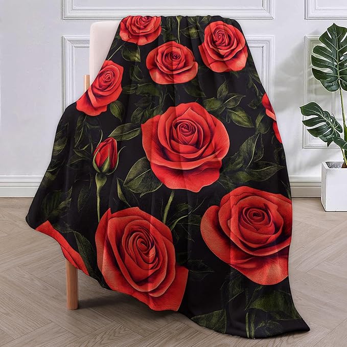 Red Roses Flannel Blanket, Floral Gifts, Floral-Themed Blanket for Women, Soft Lightweight Throw Blankets for Bed Home Travel Decor 60" x 80"