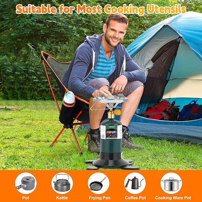 Camping Stove Propane, Portable Backpacking Cooker with Single Burner, Adjustable Flame, Foldable Base, Camp Stove Kit for Outdoor Cooking, Hiking, Emergency Essential (Fuel not Included)