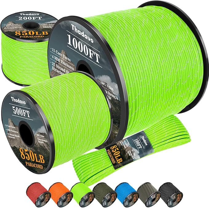 Reflective Paracord Rope 850Ib, 50/100/200/500/1000ft 4MM 11 Strand Parachute Spool Cords, Paracord Lanyard String for Tent, Camping, Hiking, Fishing, Survival Bracelet, Neon Green 500FT