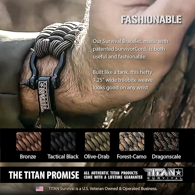 Titan Paracord Survival Bracelet | Made with Patented SurvivorCord (550 Paracord, Fishing line, Snare Wire, and Waxed Jute for Fires). Free eBooks Included.