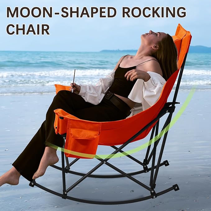 Unisakey Oversized Rocking Camping Chair with Headrest & Cup Holder - 400lbs Capacity, 600D Oxford Fabric, Easy Fold Portable Outdoor Rocker Chair for Camping, Backyard, Beach, Orange
