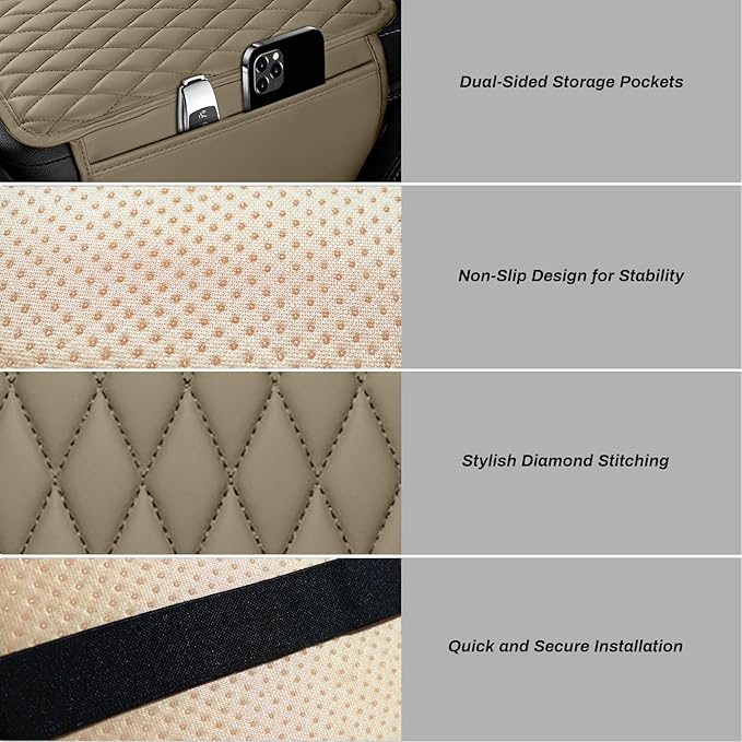 Car Center Console Cover, Upgraded Microfiber Leather Car Arm Rest Cover with 2 Storage Bags, Universal Armrest Cover for Car Storage Box Car Interior Accessories Protector for Most Vehicle-Beige
