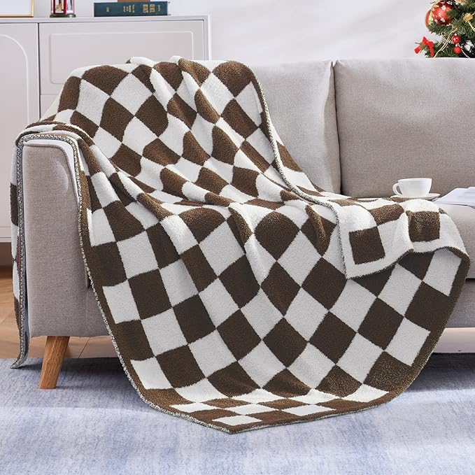 WRENSONGE Checkered Throw Blanket, Coffee Soft Cozy Fluffy Warm Hand Made Throw Blankets for Couch, Sofa, Chair, Bed, Camping, Picnic, Travel Lightweight Bed Blanket - 50"*70"