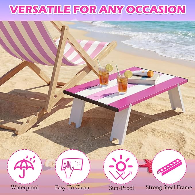 CroBlissful Beach Table Folding Camping Portable Table Striped White Aluminum Side with Carry Bag for Camping Picnics and Outdoor Activities(16x11x5 in,Pink)