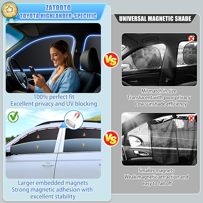 ZATOOTO Car Window Shades for Toyota Camry 2018-2023, 4 Pcs Magnetic Car Window Covers - 100% Block Light Privacy Curtains, Side Window Sun Shade for Baby Breastfeeding, Sleeping, Camping