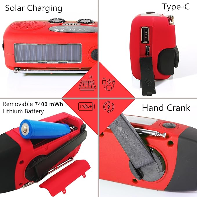 2000mAh SOS Alarm Emergency AM FM Weather Radio, 3LED Type-C Hand Crank Solar Battery Operated Portable Wind Up Radio Flashlight, Cell Phone Charger Survival Kit (Red)