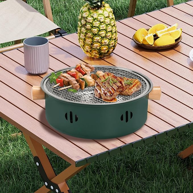 Portable Charcoal Barbecue Grill, 1pc Mini BBQ Grill Multifunctional Charcoal Grill Round Tabletop Charcoal Grill for Outdoor Cooking Home Party Picnic Camping (Green)