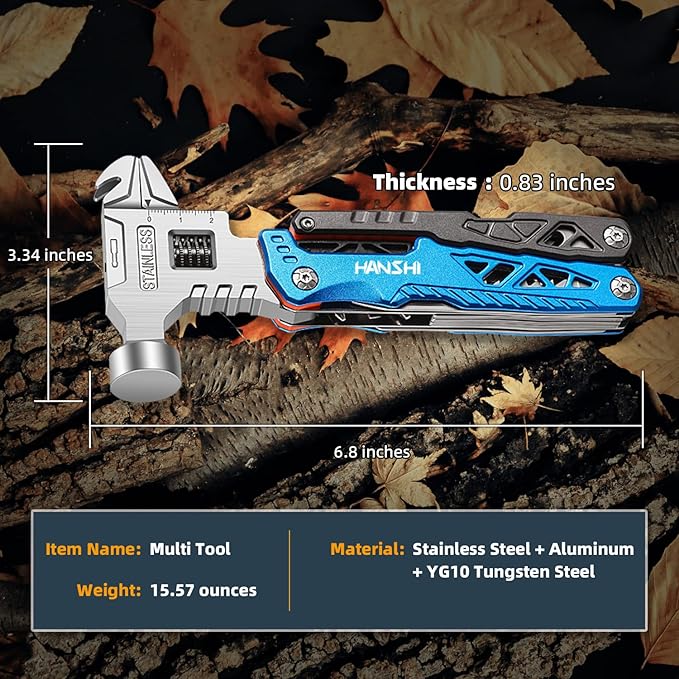 HANSHI Upgraded Adjustable Wrench Multitool Hammer with YG10 Tungsten Steel Replaceable Wire Cutters for Men,18 in 1 Pocket Multi Tool Knife with Spring-Action Pliers for Camping,Survival (Blue)