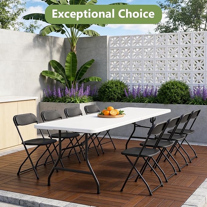 Folding Table 8ft - Heavy Duty Plastic Table with Handle, Foldable & Portable, Fold-in-Half Utility Tables for Outdoor, Dining, Wedding, Events, Indoor, Picnic, Camping, Party (White)