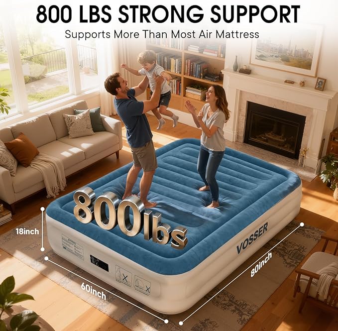 VOSSER Queen Air Mattress with Built-in Pump,18'' Raised Blow Up Mattress, Leak-Proof Air Bed with Storage Bag, Flocked Top Inflatable Mattress for Home, Camping & Guests，800lbs