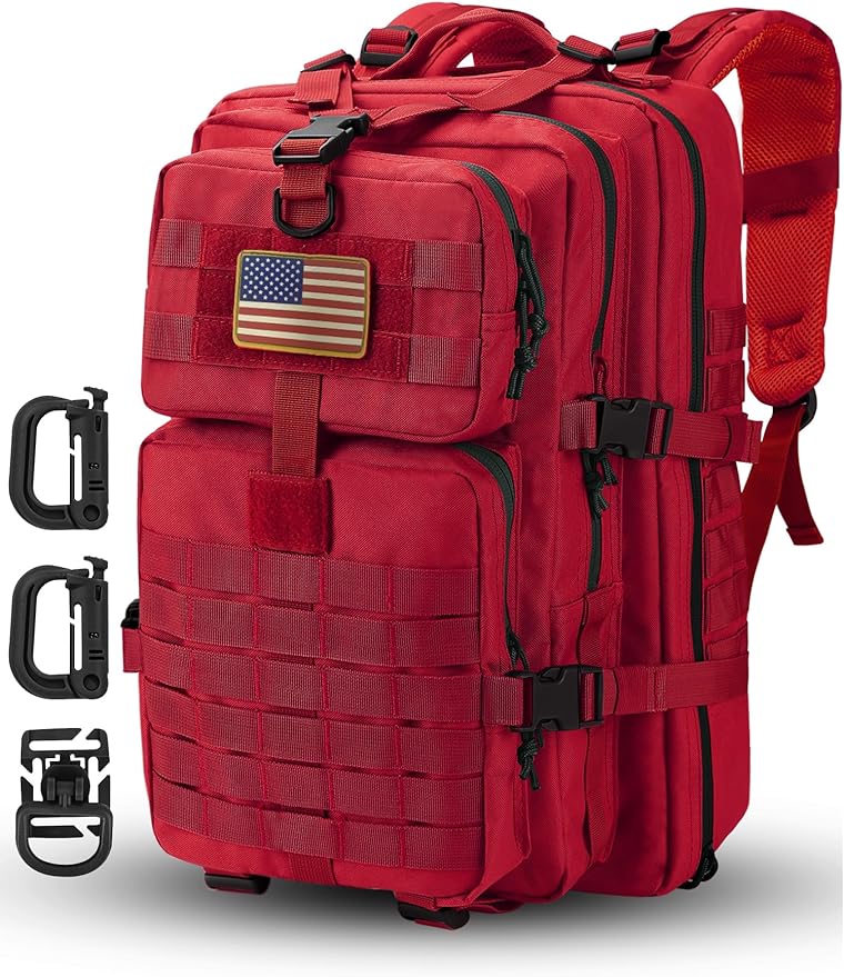 Hannibal Tactical MOLLE Assault Backpack, Tactical Backpack Military Army Camping Rucksack, 3-Day Pack Trip w/USA Flag Patch, D-Rings, Red