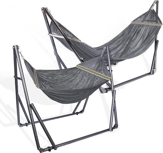 2 in 1 Hammock and Swinging Chair with Collapsible Steel Stand 450 lbs Capacity- Carrying Case, Portable & Adjustable, Perfect for Camping Beach Summer Patio, EZ Daze Foldable Hammock with Stand-Grey