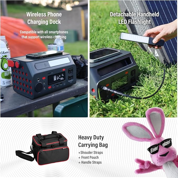 Energizer 293W Portable Power Station, Flashlight, Lithium, Solar Generator, 120V/300W(Peak 600W) Pure Sine Wave AC Outlet, 60W USB-C PD, Case, Outdoor, Home Emergency, Power Outage, RV, Camping, CPAP
