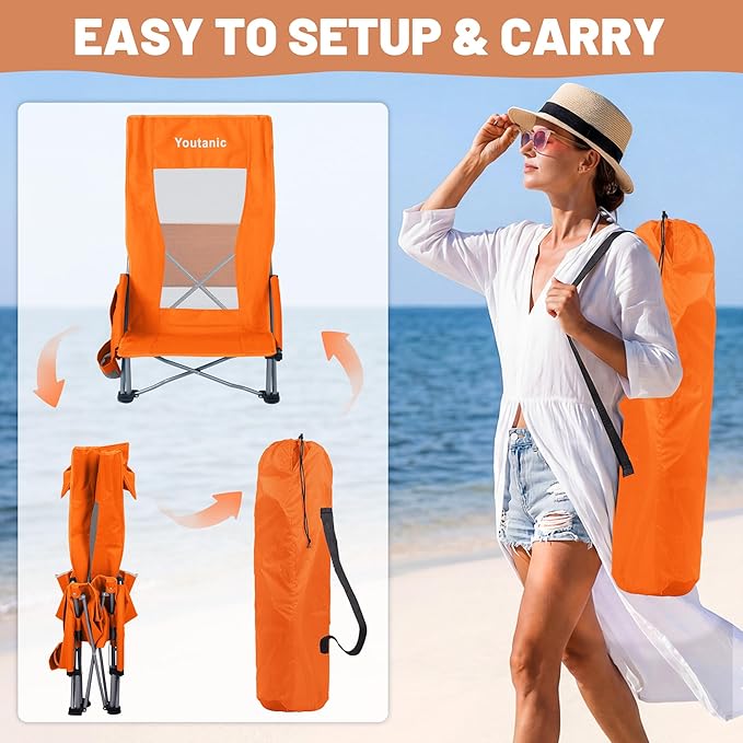 Youtanic High Back Beach Camping Chair 2 Pack, Extra Wide Folding Outdoor Chair with Cooler Bag, Breathable Mesh & Dual-Use Pillow, Portable Lounge Seat for Adults, Sand, Sports, Picnic, Orange