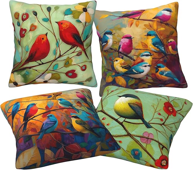 Bird Throw Pillow Covers 18 X 18 Inch Set of 4 Decorative Cushion Cover Home Decor for Sofa Chair Couch Bedroom Living Room