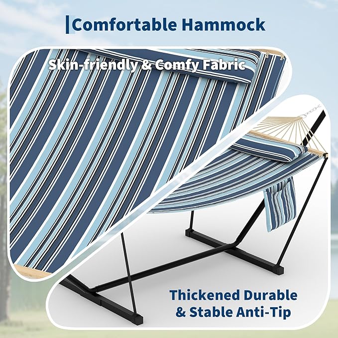 Garvee Double Hammock with Stand for Outdoor, Heavy Duty Portable 2 Person Hammock with Adjustable Steel Stand for Patio, Garden, Beach, Backyard