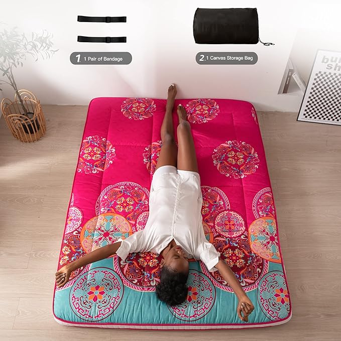 MAXYOYO Bohemian Style Futon Mattress, Padded Japanese Floor Mattress Quilted Bed Mattress Topper, Extra Thick Folding Sleeping Pad Breathable Floor Lounger Guest Bed for Camping Couch, Red, Full