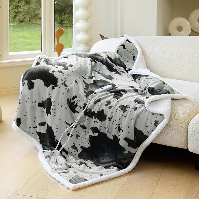 Heated Blanket Throw Blanket - Fast Heating Electric Blanket, Soft Flannel Heated Throw with 4 Time Settings,10 Heating Settings, Warm Gifts for Women & Mom & Grandma(50"x60"Cow Print Grey)