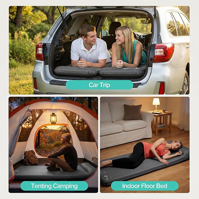 Memory Sleeping Pad, 3.1" Ultra-Thick Foam Sleeping Mat for Camping, Self-Inflating Sleeping Pad with Pillow, Quiet & 9.5 R-Value, 4-Season Camping Mattress Pad for Tent Car Travel (Gray)