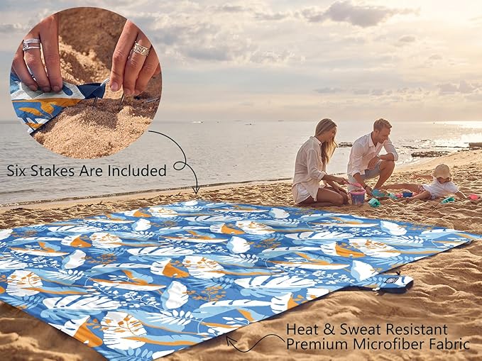 WEKAPO Beach Blanket Waterproof Sandproof Oversized, Extra Large Beach Mat Sand Free, Lightweight & Compact Sand Free Mat with 5 Stakes & 4 Corner Pockets