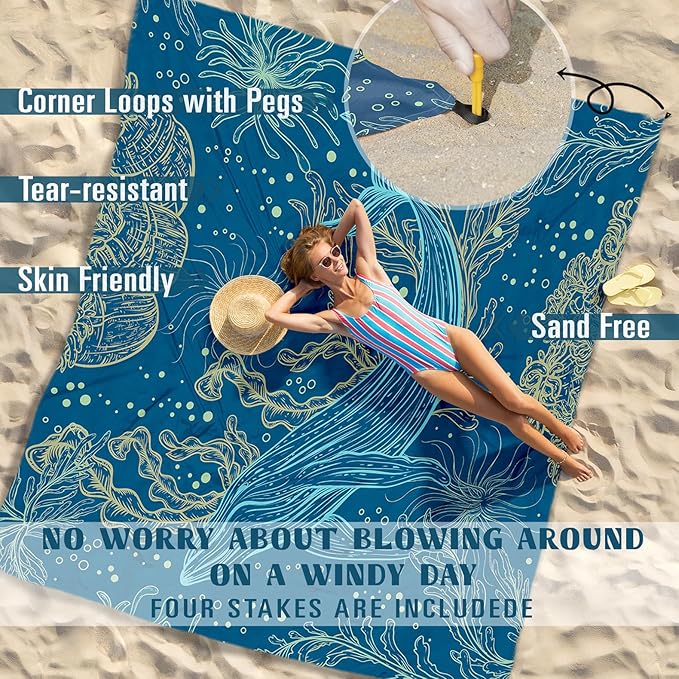 Famstar Beach Blanket Sandproof Waterproof 78''81'' 1-5 Adults Oversized, Compact Lightweight Durable 210T Polyester Beach Mat for Travel Camping Hiking Picnic