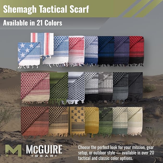 M MCGUIRE GEAR Shemagh Tactical Scarf, Middle Eastern Desert Hood, Bandana, Keffiyeh, Military Style, 100% Cotton, 42" x 42"