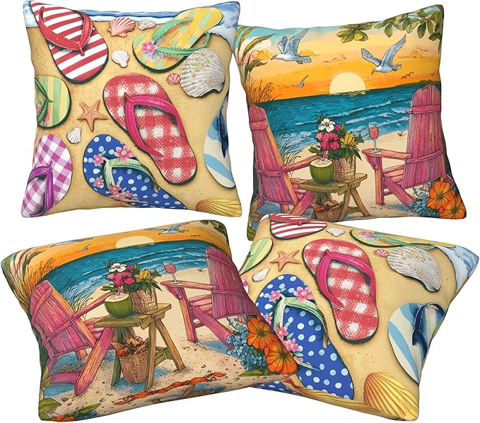 Summer Coastal Throw Pillow Covers 18 X 18 Inch Set of 4 Decorative Cushion Cover Home Decor for Sofa Chair Couch Bedroom Living Room