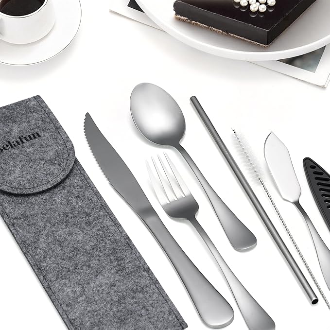 Travel Utensils with Case, Portable Travel Silverware Set Stainless Steel Lunch Box Cutlery Set for Work, Camping, Picnic, Hiking, Office (Silver)