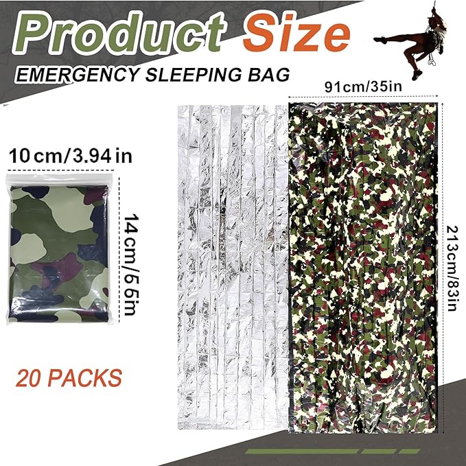 Preboun Camo Emergency Sleeping Bags Camo Blankets Emergency Shelter Survival Gear Portable Lightweight Thermal Bivy Sack Waterproof for Outdoor Camping Hiking Homeless Shelter