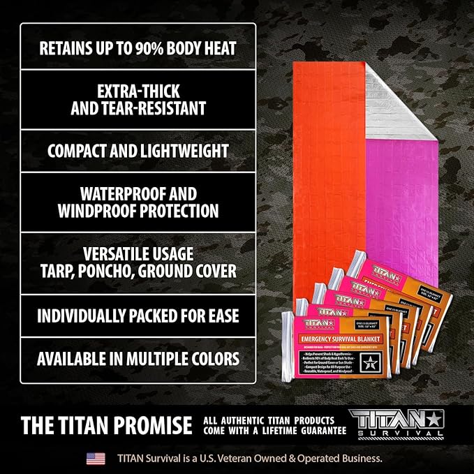 TITAN Survival Premium Mylar Survival Blankets (5 Pack) Thermal Emergency Survival Blanket for Camping, Hunting, Hiking - 90% Heat Retention & Waterproof - Portable Space Blanket w/Size Options