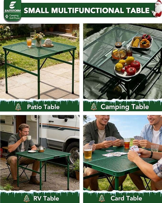 Square Folding Card Table with Adjustable Height (12" & 26"), Green Portable Metal Mesh Table for Camping, BBQ, Picnic, Game, Patio & Indoor Use, Fits 2–4 People, Lightweight 7.6 lb, Supports 66 lb