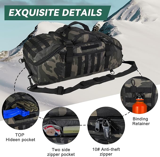 Hannibal Tactical 55L Large Duffle Bag, 3-in-1 Tactical Backpack MOLLE Pack for Gym, Sports, Outdoor, Black Camo