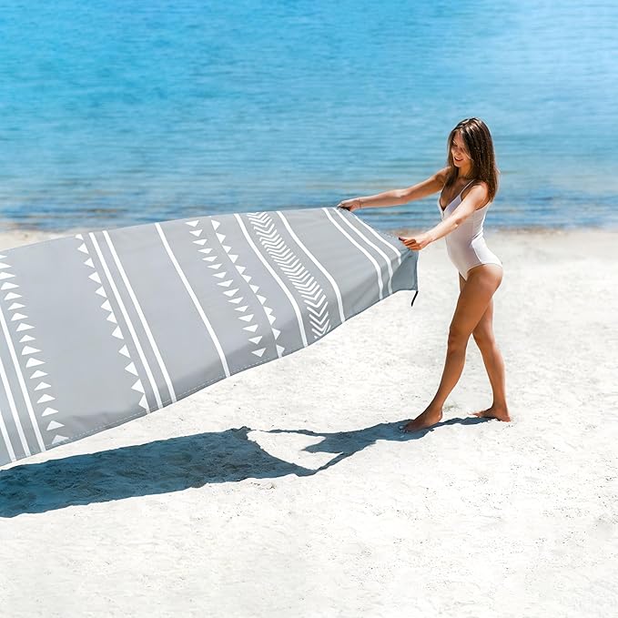 Beach Blanket Waterproof Sandproof, 9x10 FT Extra Large Beach Mat for 2-8 Adult with Stakes & Storage Bag, Sand Free Lightweight Outdoor Picnic Blankets for Travel, Camping, Hiking-Gray Geometry