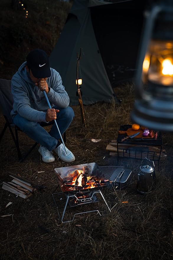 CAMPINGMOON Portable Campfire BBQ Grill 14 Inch Stainless Steel Folding Fire Pit Wood Burning Adjustable Height Outdoor Cooking RV Camping Carry Bag MT-2