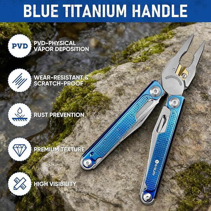 BIBURY Multitool Pliers BI2049BL with Blue Titanium Handle, EDC Multi Tool with Replaceable Wire Cutter, Full-Size Scissors and Screwdirver Set, Heavy Duty Hand Tool for DIY, Repair, Camping, Survival