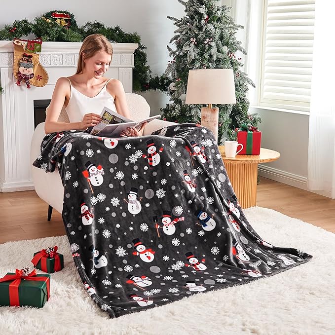 Edenleaf Grey Christmas Throw Blanket - Soft Warm Cozy Fleece Winter Throw, Holiday Blanket with Snowman & Snowflake Design, 60x80 Inches,Grey