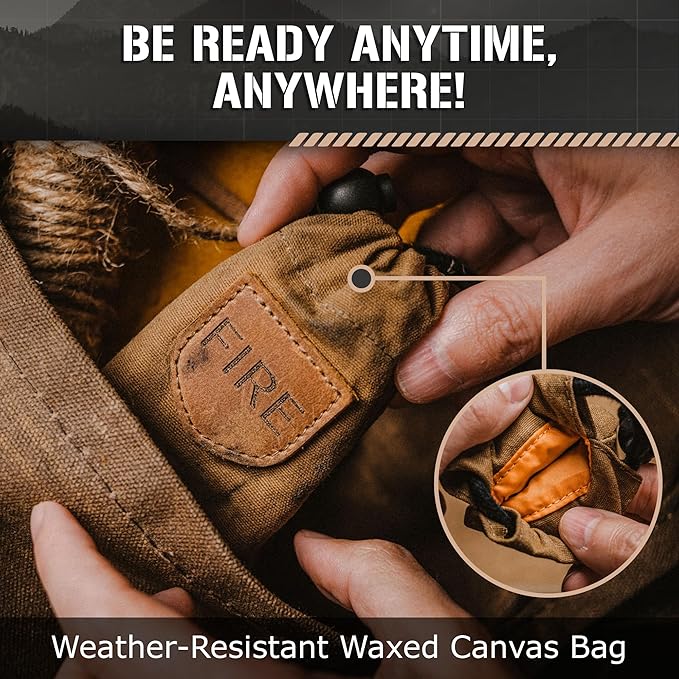 Mini Emergency Fire Starter Kit 4.5” x 2.5” x 1”, 2.5oz - Compact All-Weather Survival Fire Making Kit with Ferro Rod, Cerastrike Ceramic Scraper, Tinder Tabs & Canvas Storage Bag
